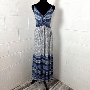 Japna Blue Patterned V-Neck Maxi Dress